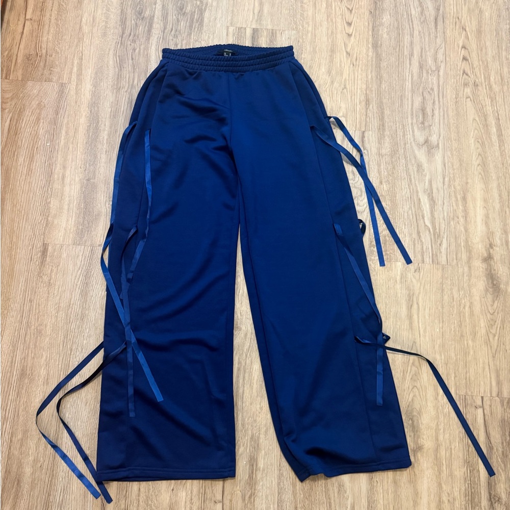 Forever 21 Navy Elastic Waist Wide-Leg Pants